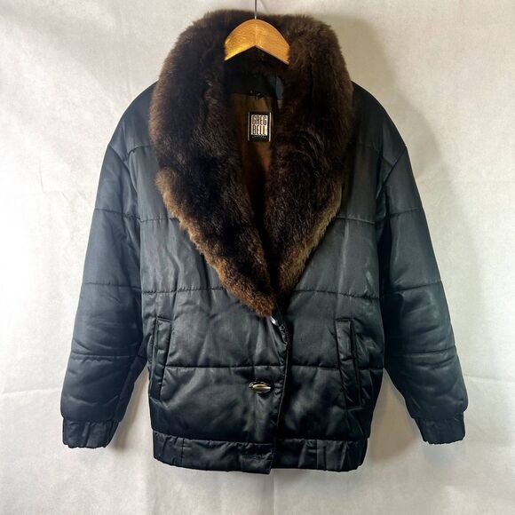 Greg Bell Faux Fur Collar Coat Black with Brown Fur Size‎ Small - Picture 1 of 13